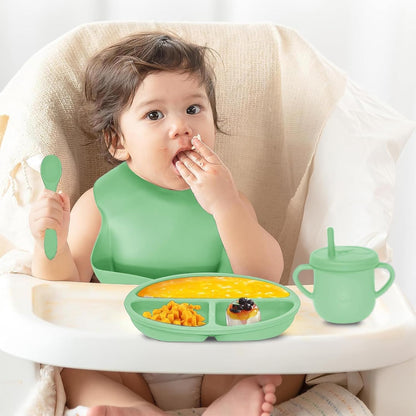 100% Silicone Baby Feeding Set, BPA Free Baby Dishes with Suction Bowl, Divided Plate, Toddler Self Feeding Dish Set with Spoons, Forks, Sippy Cup and Bib, Baby Eating Utensils (Navy Blue)