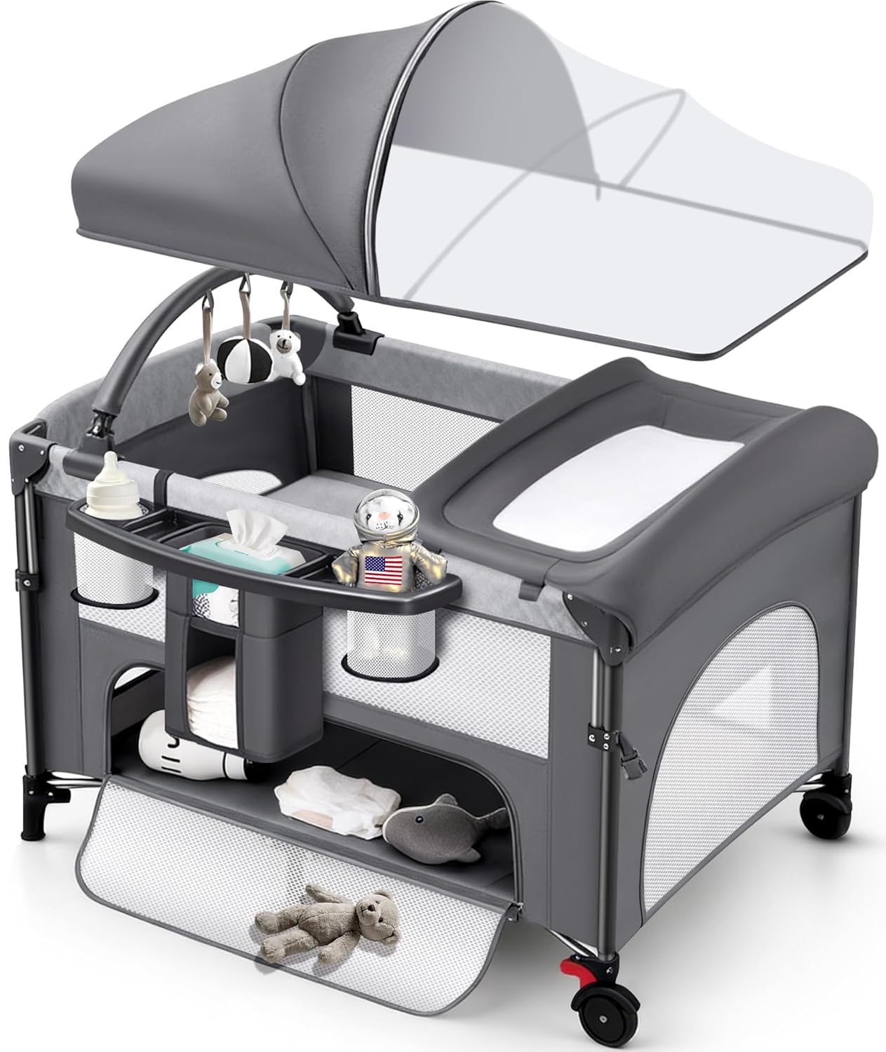 4 in 1 Baby Bassinet Bedside Crib with One-Hand Setup & Waterproof Mattress – ASTM-Certified Pack and Play, Portable Foldable Playard with Diaper Changer for Newborn to Toddler(Black)