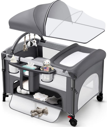 4 in 1 Baby Bassinet Bedside Crib with One-Hand Setup & Waterproof Mattress – ASTM-Certified Pack and Play, Portable Foldable Playard with Diaper Changer for Newborn to Toddler(Black)