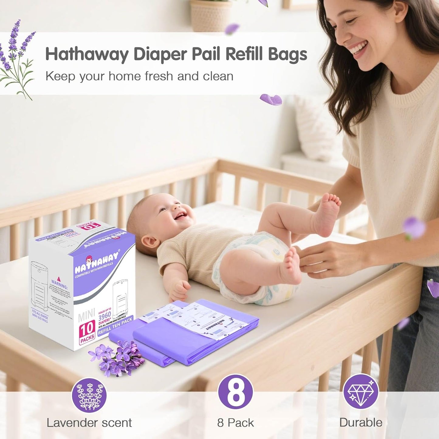 Diaper Pail Refill Bags Compatible With Dekor Plus Diaper Pail, Extra 30% Length, Lavender Scent, 10 Pack