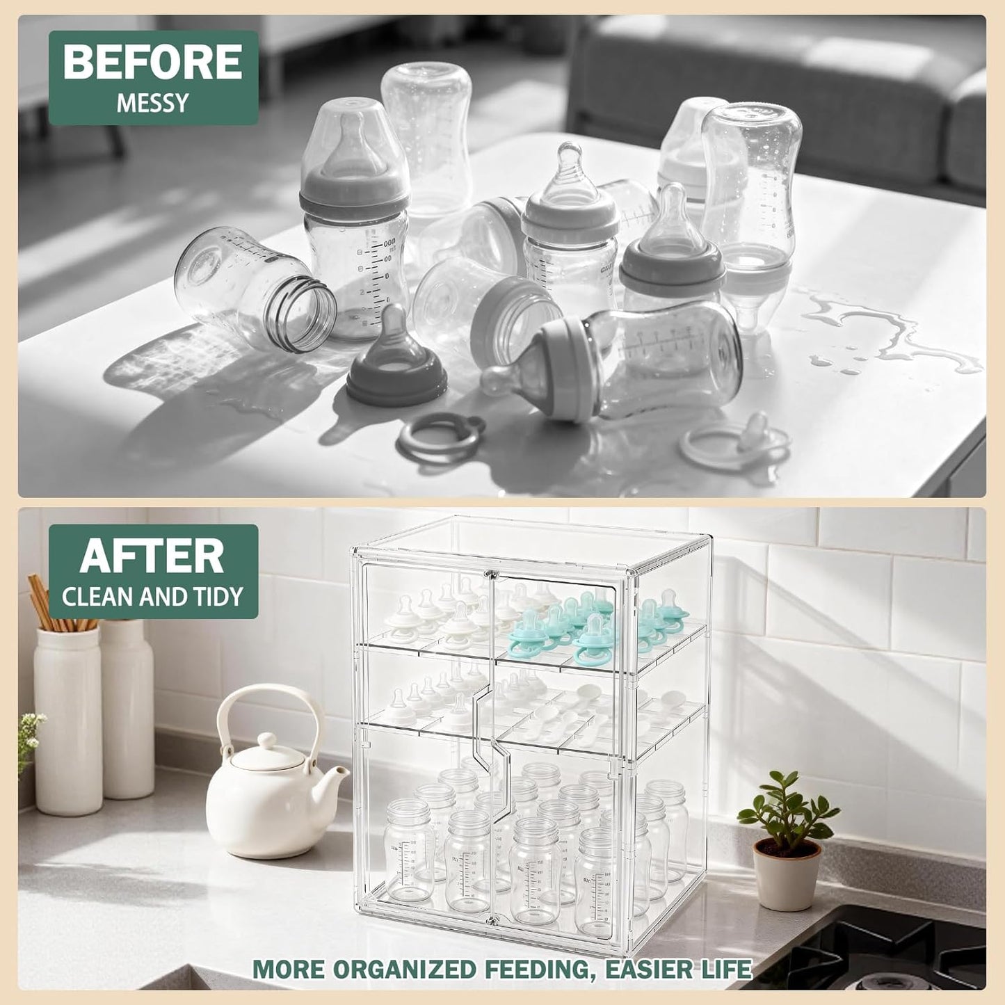 Baby Bottle Organizer, 3-Tier Bottle Storage for Countertop with Double Magnetic Doors, Clear Plastic Bottle Station Organizer Mom Gifts with 2 Dividers for Kitchen, Bathroom, Cabinet, Vanity