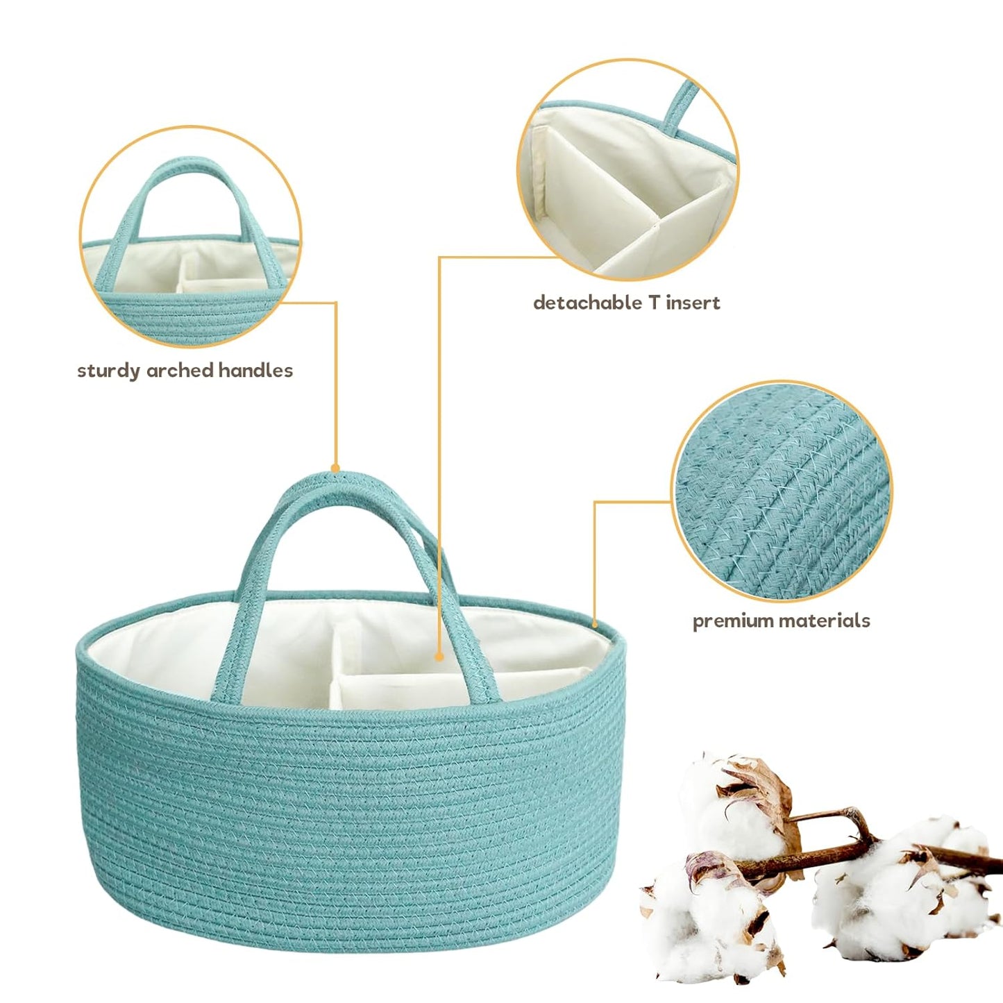 luxury little Diaper Caddy Organizer, Large Cotton Rope Nursery Baby Basket, Changing Table Organizer for Baby Diaper Storage, Portable Car Organizer Removable Divider (Off White, Large)