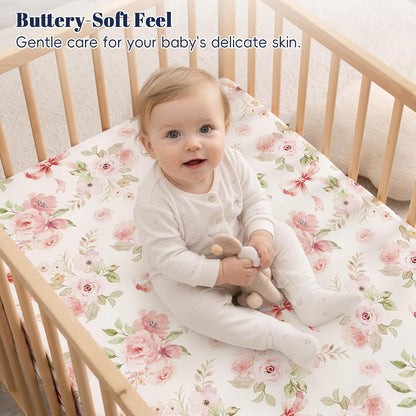 PHF 3 Pack Soft Mini Crib Sheets, Floral & Animal Pack N Play Sheets for Baby Boys Girls, No Slip Universal Fit for Pack N Play, Playard, Portable and Mini Crib Mattresses,Floral & Animal