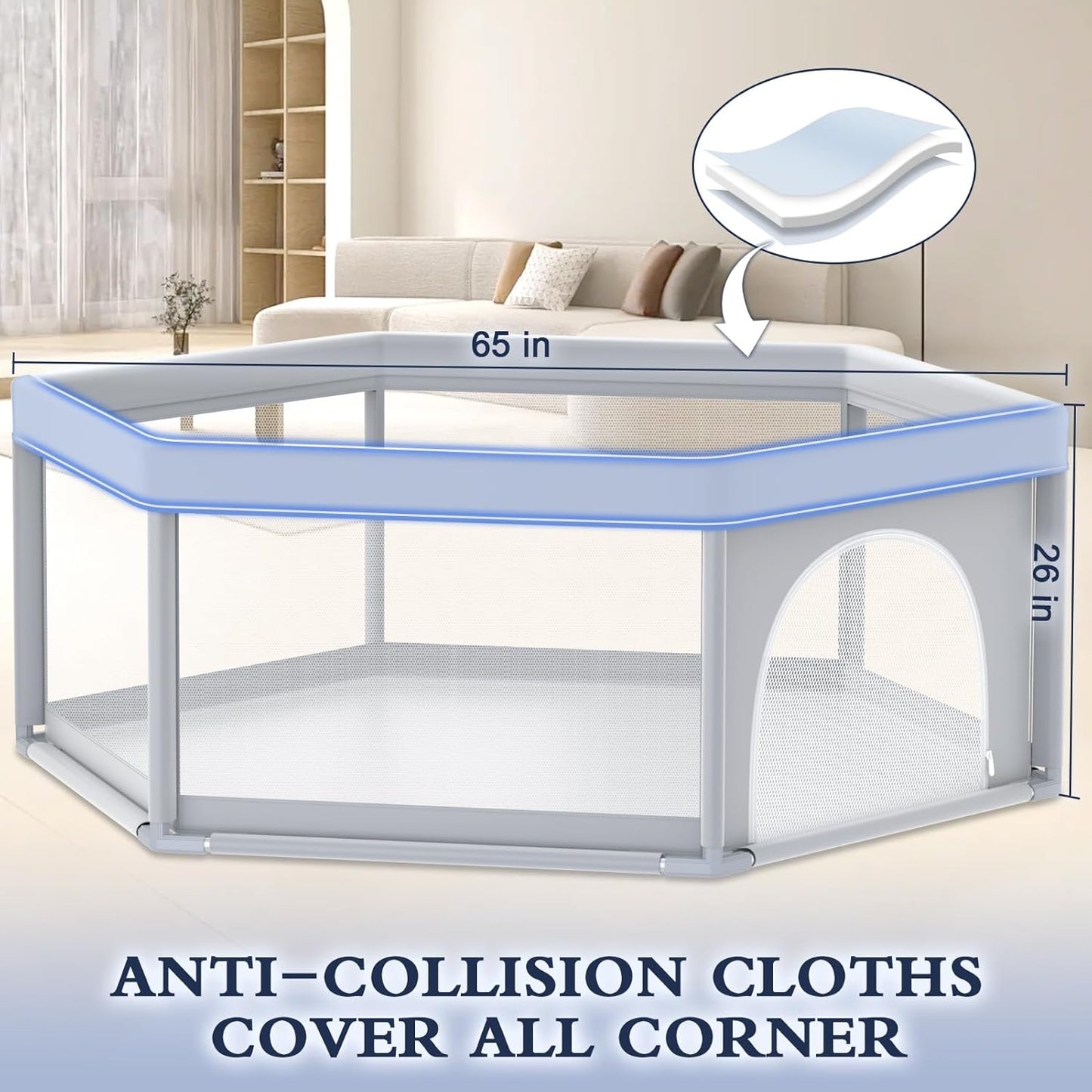 XVISHX 65 x 50 Inch Baby Playpen, Playpen for Babies and Toddlers, Baby Play Pen Playard for Indoor & Outdoor Active Center Game Fence, with Skin-Friendly Fabric and Soft Breathable Mesh, Grey