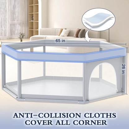 XVISHX 65 x 50 Inch Baby Playpen, Playpen for Babies and Toddlers, Baby Play Pen Playard for Indoor & Outdoor Active Center Game Fence, with Skin-Friendly Fabric and Soft Breathable Mesh, Grey