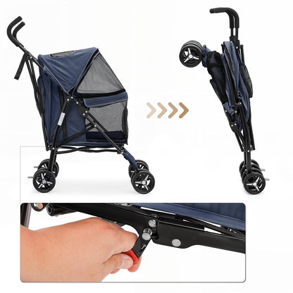 MoNiBloom 4 Wheels Pet Stroller, Easy-Fold Puppy Cage Jogger Stroller with Sun Cover, Pad and Rear Storage Bag, Breathable and Visible Mesh for Small/Medium Pets up to 22 lbs, Black