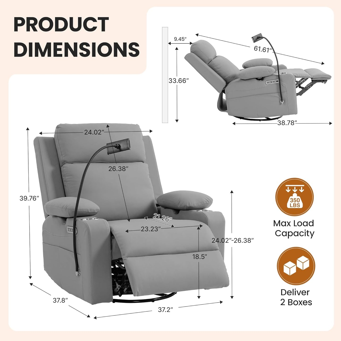 Power Rocking Chair Nursery with Adjustable Armrests and Headrest, Swivel Rocker Recliner with Electric Lumbar Support, Glider Recliners for Breastfeeding, Nursing Chair with USB, Cup Holder, Beige