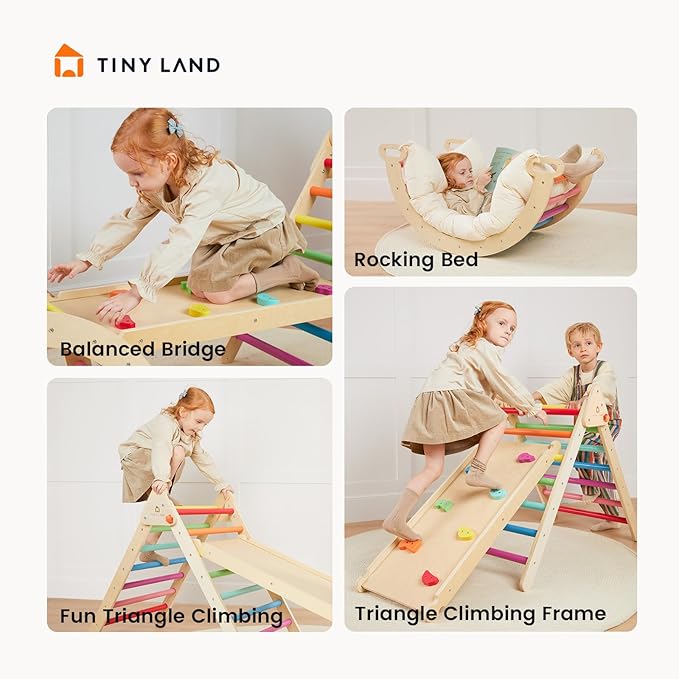 Tiny Land Pikler Triangle Set, 7-in-1 Foldable Pikler Triangle Climbing Toys Set for Kids,Baby Indoor Playground Jungle Gym, Wooden Montessori Climbing Set for Toddler (Rainbow)