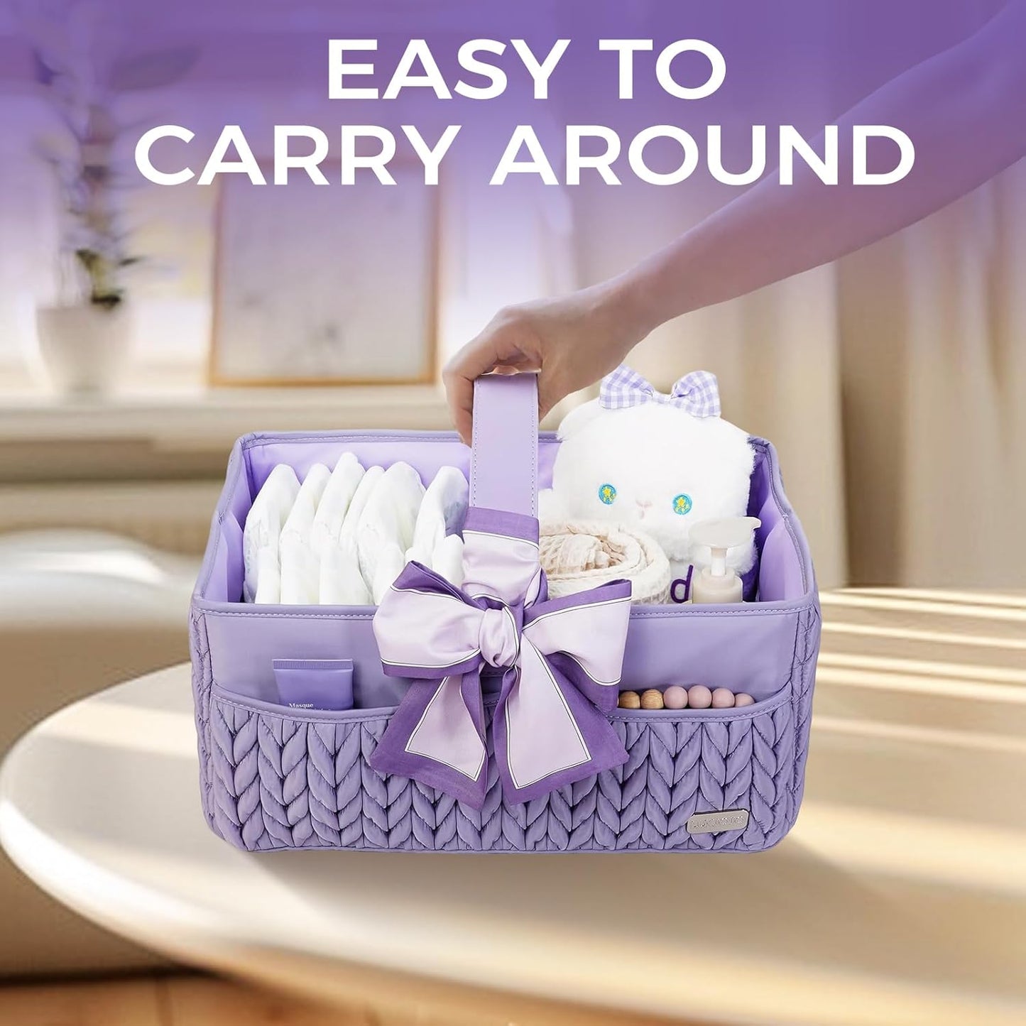 Luxurious Baby Diaper Caddy, Nursery Storage Basket for Newborn Essentials, Travel Baby Basket for Diapers Baby Wipes, Organizer Tote Bag Storage Bin, Baby Shower Gifts(Beige)