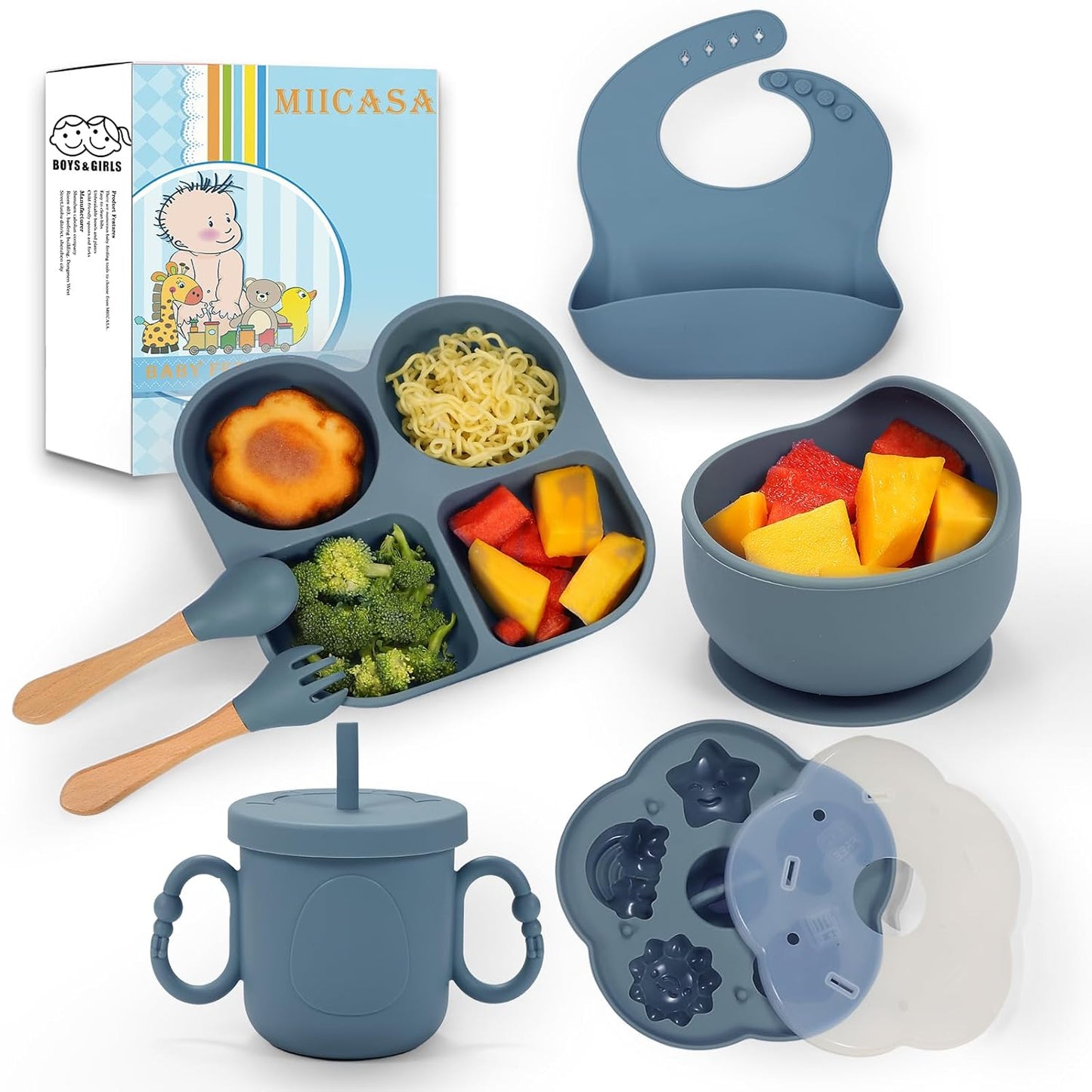 Silicone Baby Feeding Set, Baby Led Weaning Supplies, Baby Food Tableware Silicone Suction Plate, Bowl, Spoons, Fork, Waterproof Bib, Cup & Complementary Food Cake Mold, Baby Eating Utensils