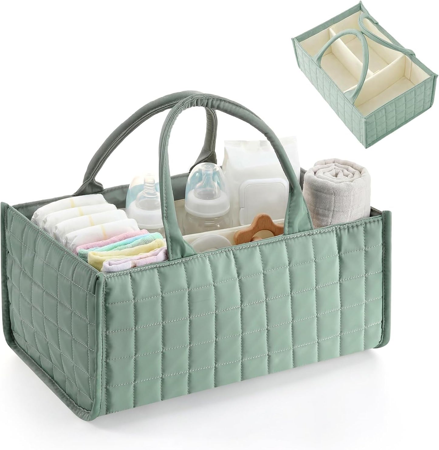 Huhumy Checkered Baby Diaper Caddy, Puffy Nursery Storage Organizer for Diapers & Babies Wipes, Large Quilted Tote Bag for Newborn Essentials Boy or Girl, Gift for Baby Shower Registry (Sage Green)