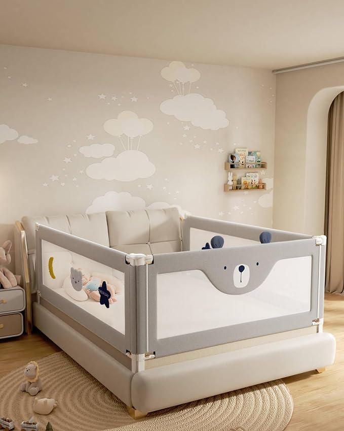 3 Piece Full Size Bed Rails for Toddlers, No-Drill Needed Baby Bed Rail Guard with Height Adjustable, Thickened Child Safety Side Railing Guards/Bedrail for Kids,Grey Bear Cute Design, 54x74.8x74.8in