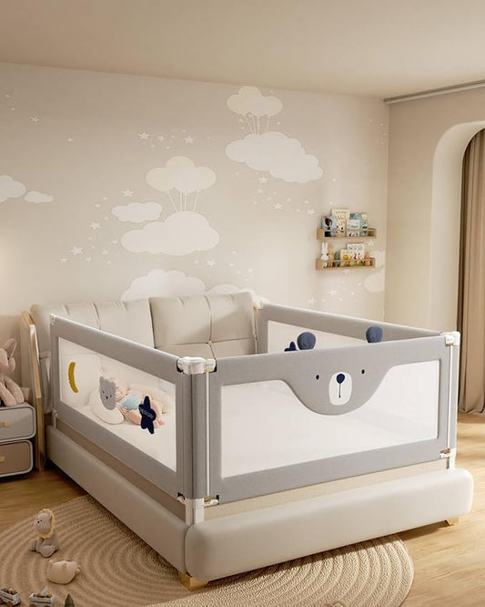 3 Piece Bed Rails for Queen Bed, No-Drill Needed Baby Bed Rail Guard for Toddlers with Height Adjustable, Thickened Child Safety Side Railing Guards/Bedrail for Kids, Grey Bear Design, 60x78.7x78.7in