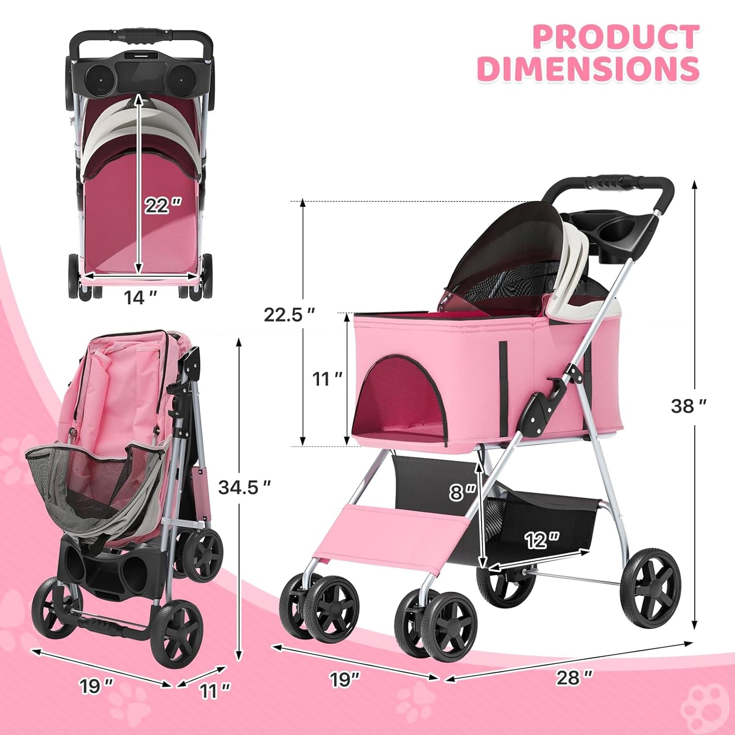 Magshion Compact Pet Stroller for Small-Medium Dogs/Cats up to 22lbs, 4-Wheel Lightweight Umbrella Shaped Portable Puppy Travel Jogger with Breathable Mesh, Cup Holder & Rear Storage, Black