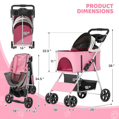 Magshion Compact Pet Stroller for Small-Medium Dogs/Cats up to 22lbs, 4-Wheel Lightweight Umbrella Shaped Portable Puppy Travel Jogger with Breathable Mesh, Cup Holder & Rear Storage, Black