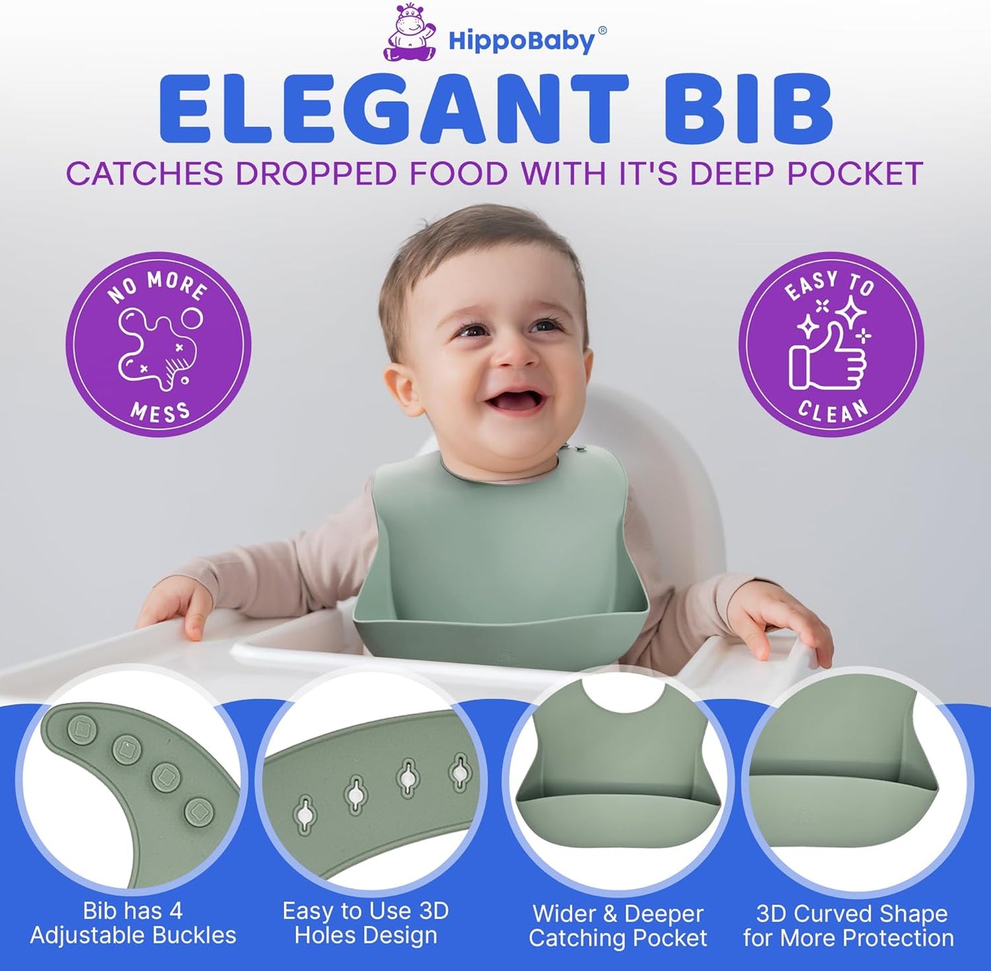 HippoBaby Baby Led Weaning Supplies | 10 Piece Silicone Baby Feeding Set | Baby Toddler Bib Cup Divided Plate and Bowl Self Feeding Spoons Dish Set | Baby Utensils | Toddler Feeding Supplies (Sky)