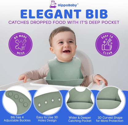 HippoBaby Baby Led Weaning Supplies | 10 Piece Silicone Baby Feeding Set | Baby Toddler Bib Cup Divided Plate and Bowl Self Feeding Spoons Dish Set | Baby Utensils | Toddler Feeding Supplies (Sky)