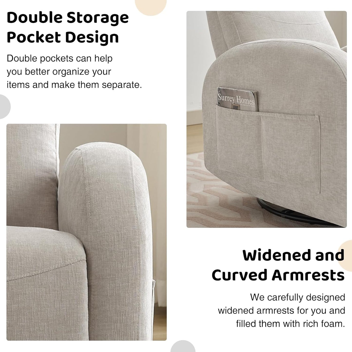 Nursery Glider Recliner, Power Swivel Rocking Recliner with USB & Type-C Port, Swivel Nursering Reclining Rocker with Double Pockets for Living Room, Camel Chenille