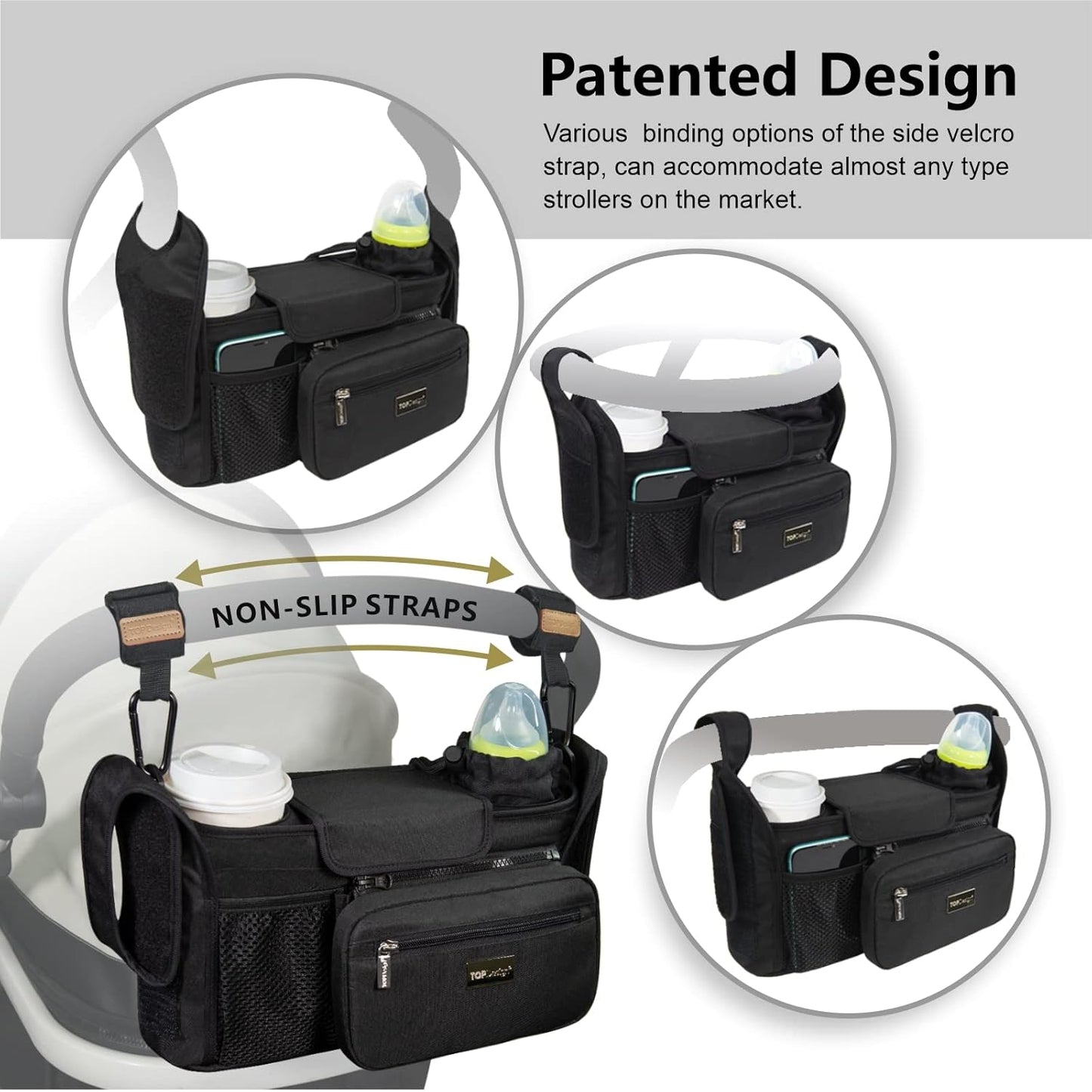 TOPDesign Universal Baby Stroller Organizer, Stroller Caddy with Detachable Mesh Bag & Heightened Insulated Cup Holders & Non-Slip Secure Hooks Accessories, Fits Most Strollers (Checkerboard) - Colors A