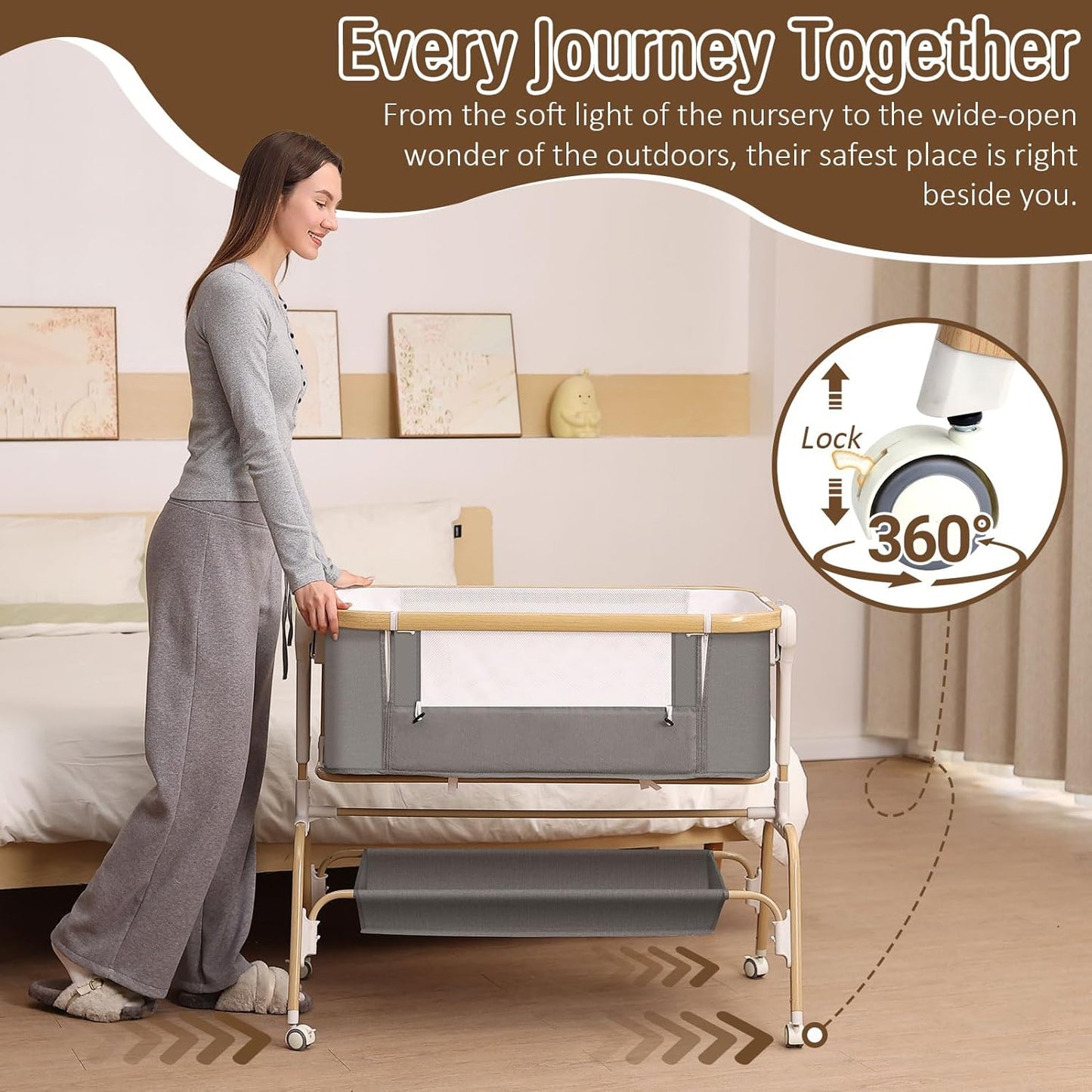 Rocking Baby Bassinet Bedside Sleeper, Detachable Portable Bassinet & Adjustable Crib with 8 Heights, Breathable Mesh, Storage Basket & Mobile Toy for Newborns to Toddlers(Oatmeal)