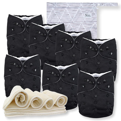 Nora's Nursery Cloth Diapers 7 Pack with 7 Inserts & 1 Wet Bag - Waterproof Cover, Washable, Reusable & One Size Adjustable Pocket Diapers for Newborns and Toddlers - Cali Coastal