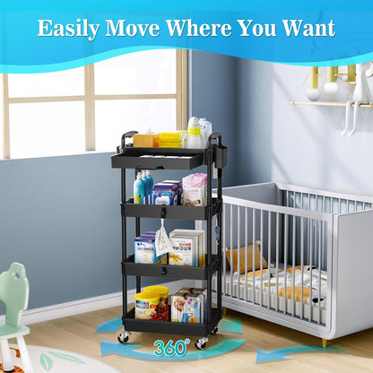 SUNALLY 3 Tier Rolling Cart with Drawer, Bathroom Storage Organizer with 2 Lockable Wheels, Multifunctional Rolling Storage Cart for Bathroom, Kitchen, Office, Craft, Makeup, Baby Essentials, White