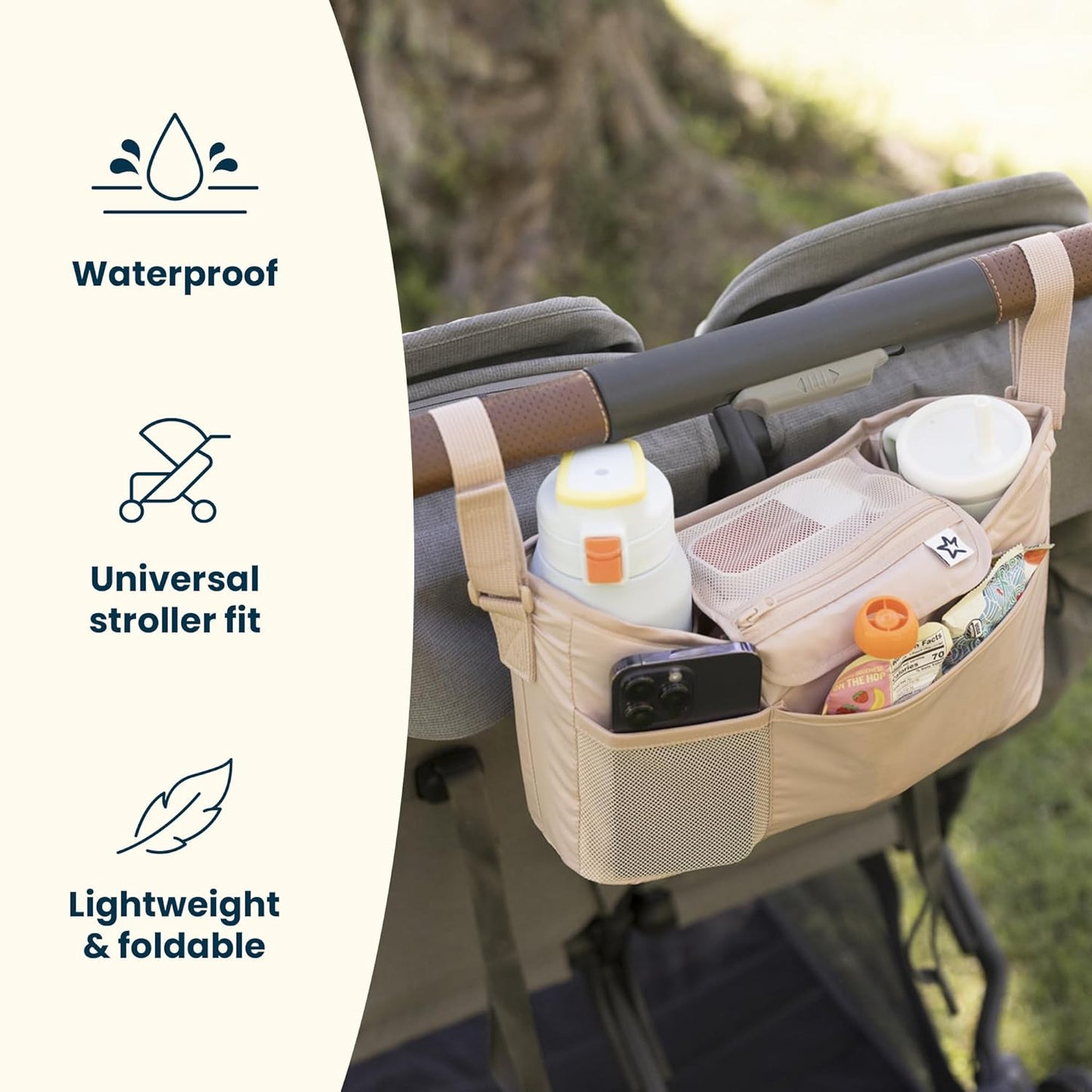 Tiny Twinkle Universal Stroller Organizer with Adjustable Strap - Waterproof Stroller Caddy Fits Baby Jogger, Nuna, Graco, Donna and Bugaboo Strollers（Black）