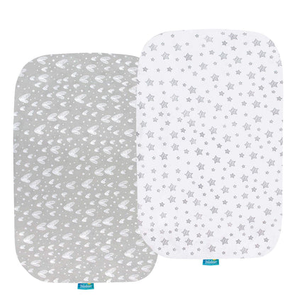 Bassinet Sheets Fit for Simmons Kids By The Bed City Sleeper Bassinet(Twins), Moses Basket and Hospital Bassinet, 100% Cotton, 2 Pack, Gray and White Print - Colors A