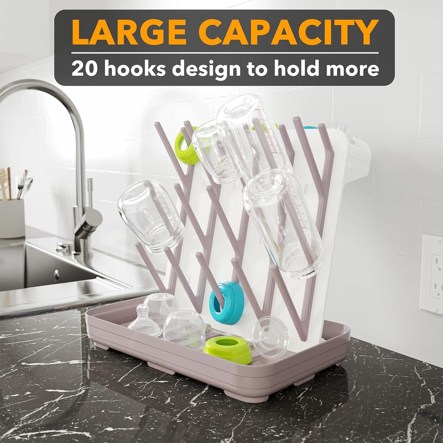 SpaceAid Baby Bottle Drying Rack with 20 Hooks, Space Saving Kitchen Bottles Rack Dryer, Vertical Baby Bottle Holder Organizer for Countertop Storage Accessories (White and Gray)