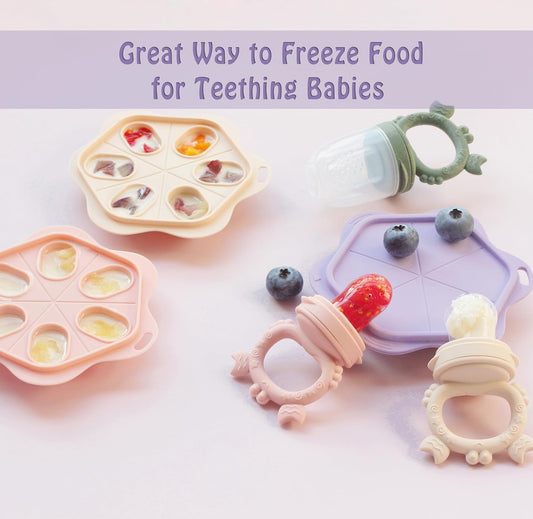 Ginbear Baby Fruit Food Feeder & Popsicle Molds Combo (Set of 2), Silicone Teething Feeders with Freezer Tray for Infants 4 Months+ (Pink/Lilac)