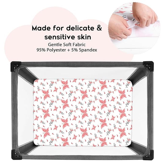 Yoofoss Pack and Play Sheets Fitted, Mini Crib Sheets 2-Pack for Pack N Play Mattress, Stretchy Playard Sheet, Soft and Breathable (Pink + Butterflies)