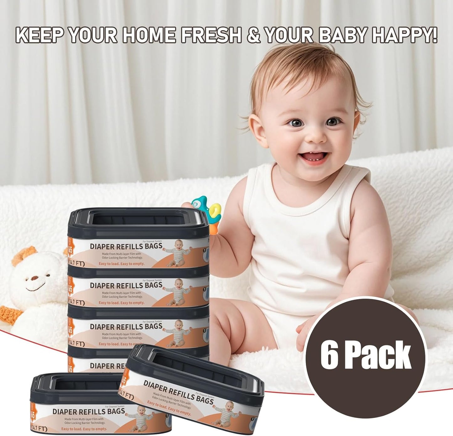 Square Starter Refills Disposal Bags Refill Compatible with Diaper Genie Compact, Classic and Select Pails, Hold Up to 165 Newborn-Sized Diapers Per Refill, 6 Pack