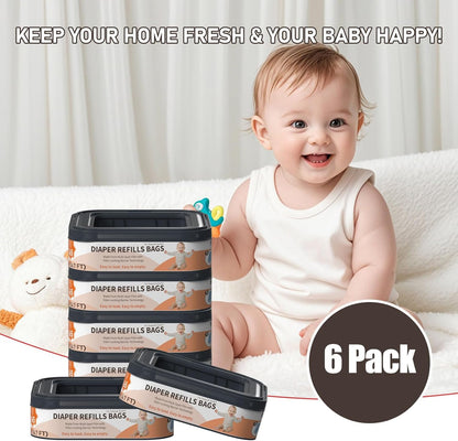 Square Starter Refills Disposal Bags Refill Compatible with Diaper Genie Compact, Classic and Select Pails, Hold Up to 165 Newborn-Sized Diapers Per Refill, 6 Pack