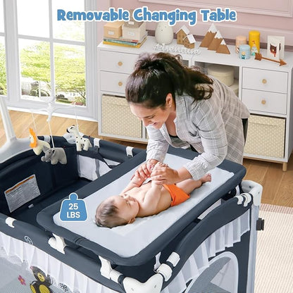BABY JOY 4 in 1 Pack and Play with Canopy, Portable Baby Playard with Bassinet, Double-Layer Baby Crib, Wheels & Brake, Foldable Baby Girl Pink Bassinet from Newborn to Toddler