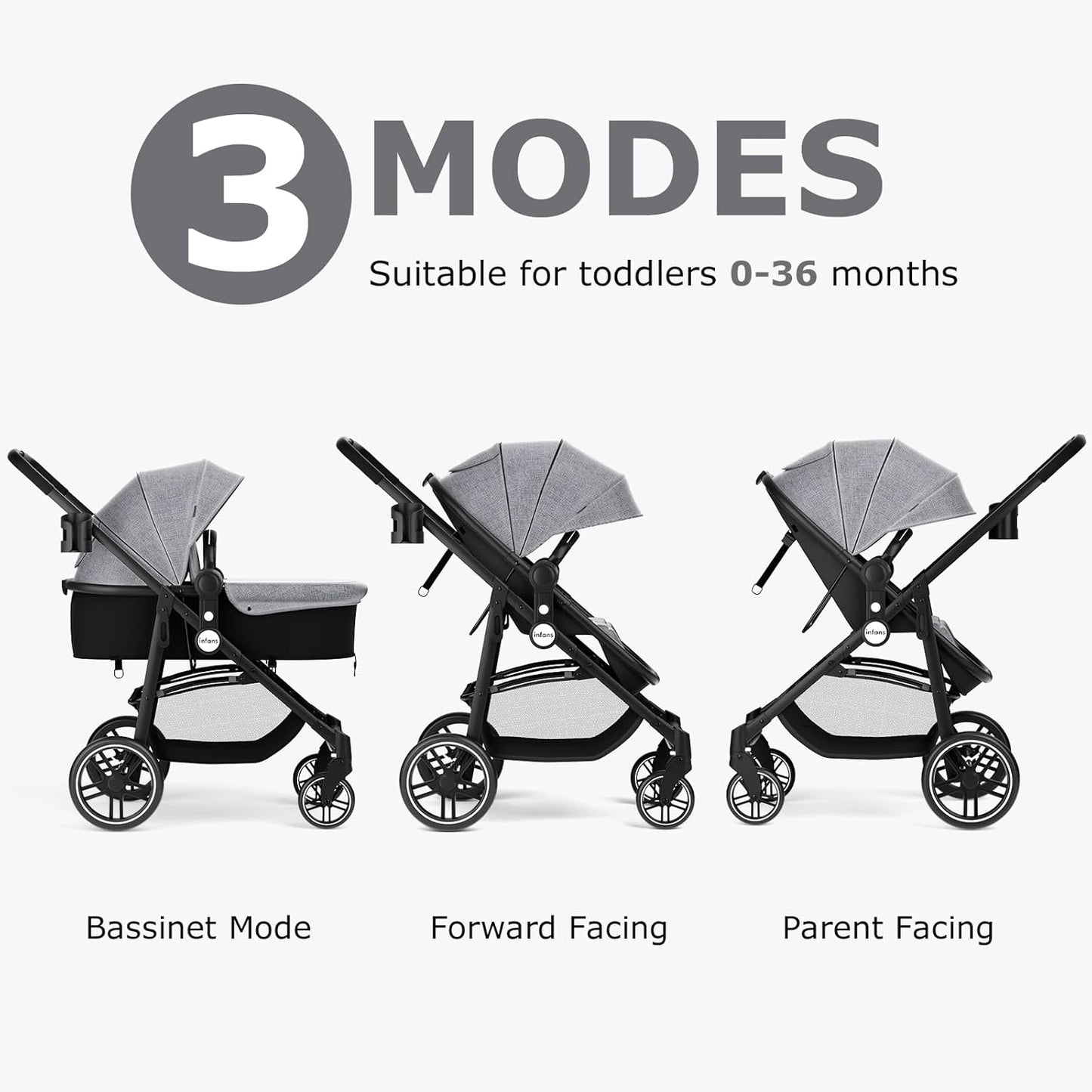INFANS 2 in 1 Baby Stroller, High Landscape Infant Stroller & Reversible Bassinet Pram, Foldable Pushchair with Adjustable Canopy, Storage Basket, Cup Holder, Suspension Wheels (Black)