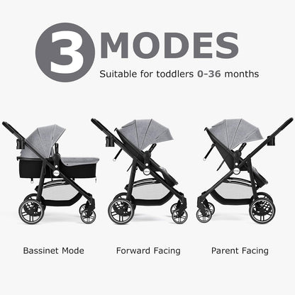 INFANS 2 in 1 Baby Stroller, High Landscape Infant Stroller & Reversible Bassinet Pram, Foldable Pushchair with Adjustable Canopy, Storage Basket, Cup Holder, Suspension Wheels (Black)