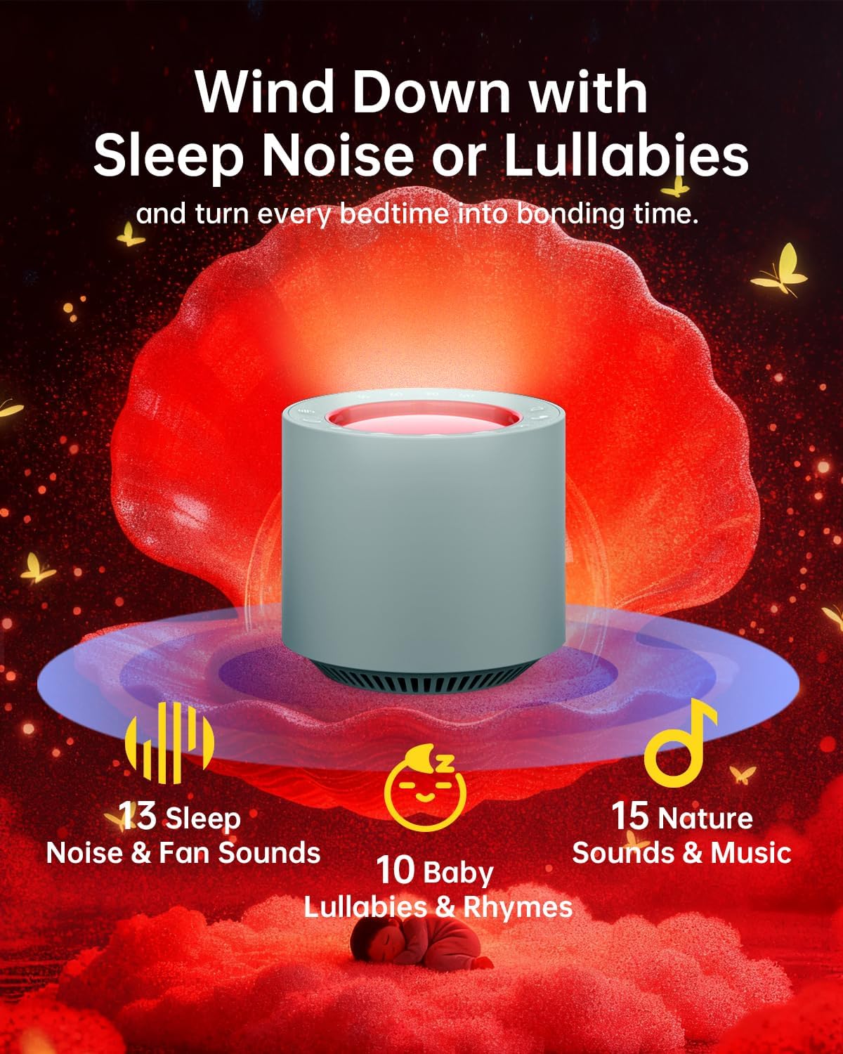 White Noise Sound Machine: Red Light Therapy Sleep Sound Machine with 38 Soothing Sounds & Calming Womb Soother, Memory Function, Dimmable Nursery Night Light with Timer for Baby Adult Gift