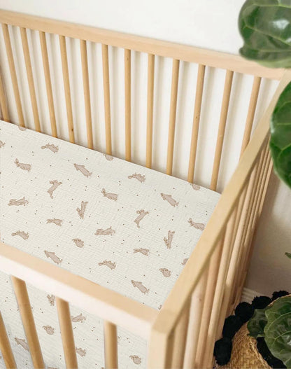 Muslin Bedside Bassinet Sheets 2 Pack, 33x20 Fitted Ultra Soft & Breathable Bedside Sleeper Sheets, Ideal for Baby Girl and Boy, Perfect for Newborns (Hopping Bunnies & Beige)
