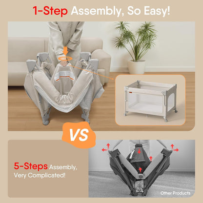 TinyGlow 4 in 1 Baby Bassinet, Pack and Play, Bedside Crib Sleeper, Diaper Changer, Quickly Assembled and Folded Portable Crib with Mattress and Mosquito Net, Easy to Carry