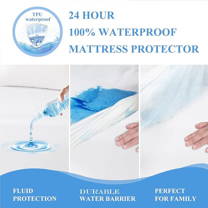 King Waterproof Mattress Protector - Noiseless, Breathable, Machine Washable Fitted Mattress Cover with Deep Pocket up to 5”-21”（White）