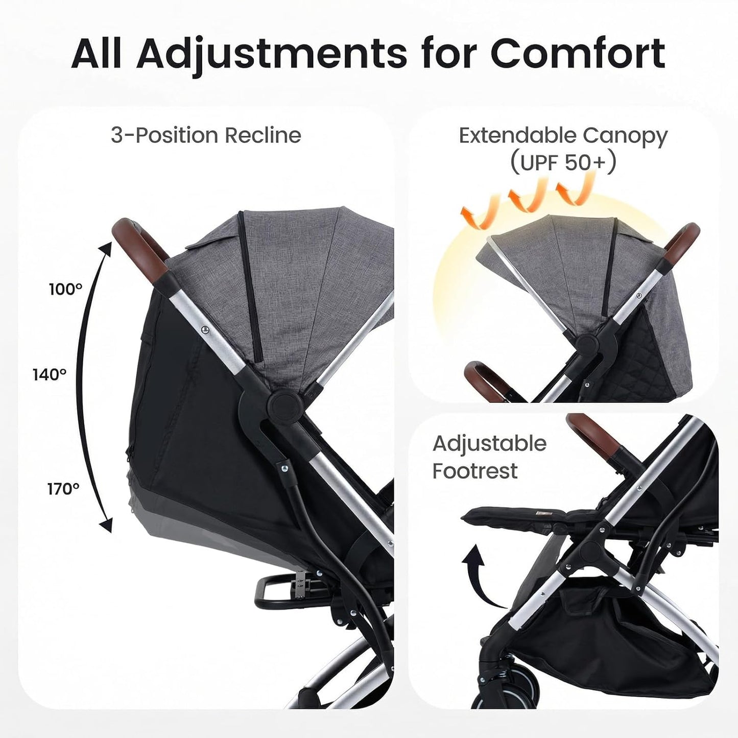 INFANS Travel Stroller, Lightweight Compact Baby Stroller for Airplane with One-Hand Fold, Multi-Position Recline, Canopy, 4 Wheel Suspension, Storage Basket (Grey+Black)