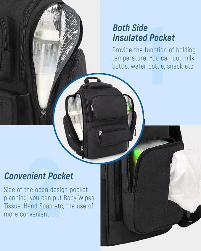 Mancro Diaper Bag Backpack, Multifunctional Dad Diaper Bag with 2 Side Insulated Pockets, Travel Water Resistant Baby Diaper Backpack for Men Women with Stroller Straps, Black