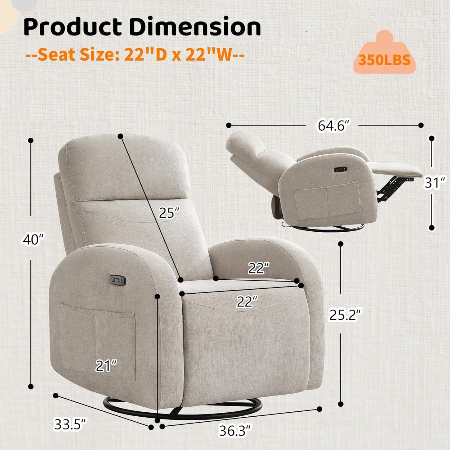 Swivel Rocker Recliner Chair, Rocking Recliner for Nursery with Side Pockets, Manual Swivel Reclining Nursery Glider Chair for Breastfeeding Living Room, Camel Chenille