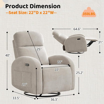 Swivel Rocker Recliner Chair, Rocking Recliner for Nursery with Side Pockets, Manual Swivel Reclining Nursery Glider Chair for Breastfeeding Living Room, Camel Chenille