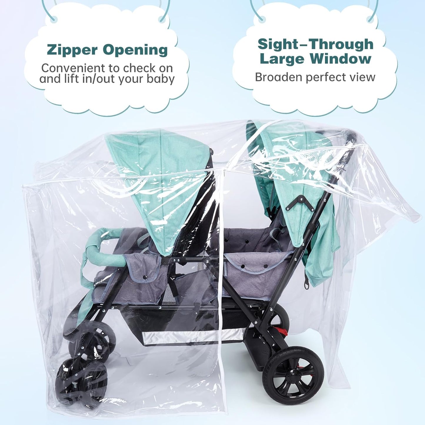 Double Stroller Rain Cover, Waterproof Weather Shield for Tandem Double Stroller, Twins Stroller Cover for Rain/Wind/Snow/Cold/Dust, Childseat Stroller Weather Shield, Baby Outdoor Accessories