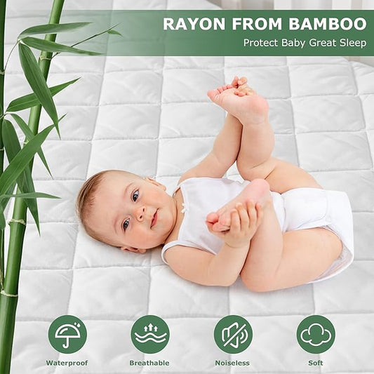 GRT 2 Pack Waterproof Crib Mattress Protector Rayon Made from Bamboo,Quilted Baby Mattress Pad Fitted Deep Pocket from 4" up to 9", Extra Breathable & Noiseless Toddler Mattress Cover 52"x28", White