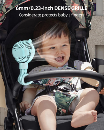 Portable Stroller Mini Fan, Small Rechargeable Personal Fan, Baby Travel Essentials for Wagon, Car Seat, Treadmill, Battery Powered Biking Gear Accessories, 360° Rotation, 3-Speed, Display, Black