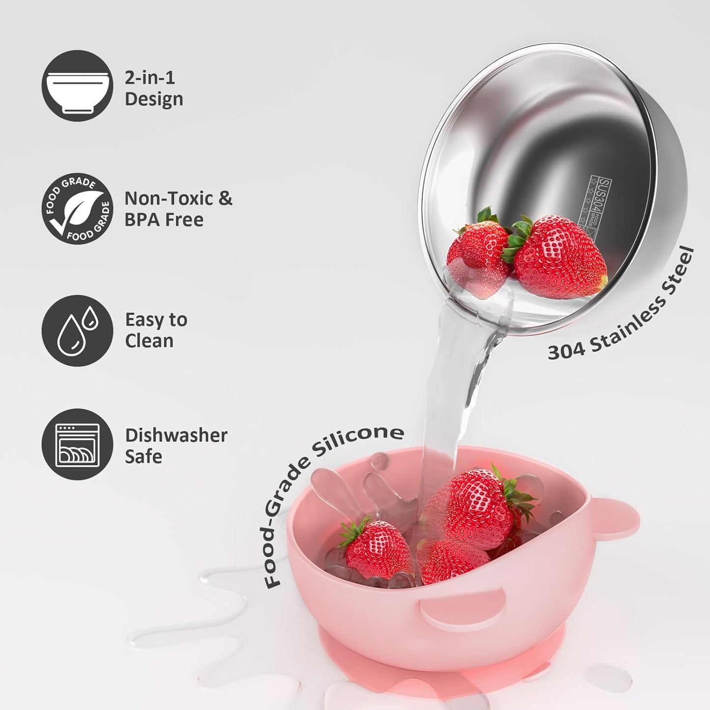 Bakpoco Toddler Bowls with suction & Utensils Set, 2-in-1 Stainless Steel 304 Kids Feeding Bowl & Silicone Suction Baby Bowl with Spoons and Forks, First Self-feeding Training Set, Organic Bloom