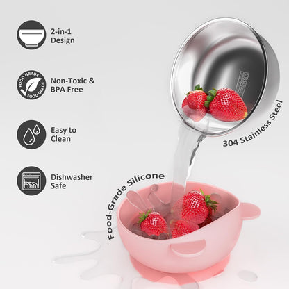 Bakpoco Toddler Bowls with suction & Utensils Set, 2-in-1 Stainless Steel 304 Kids Feeding Bowl & Silicone Suction Baby Bowl with Spoons and Forks, First Self-feeding Training Set, Organic Bloom