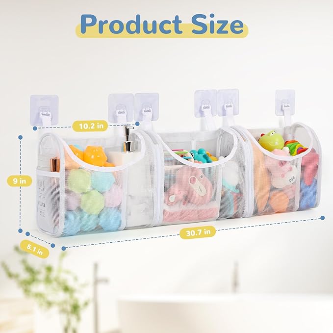 Bath Toy Storage, Detachable 6 Compartments Bath Toy Holder, Large Capacity Bathtub Toy Storage with Built-in Compartments Side Pockets, Mesh Shower Caddy for Sorting Baby Bathroom Toys - White